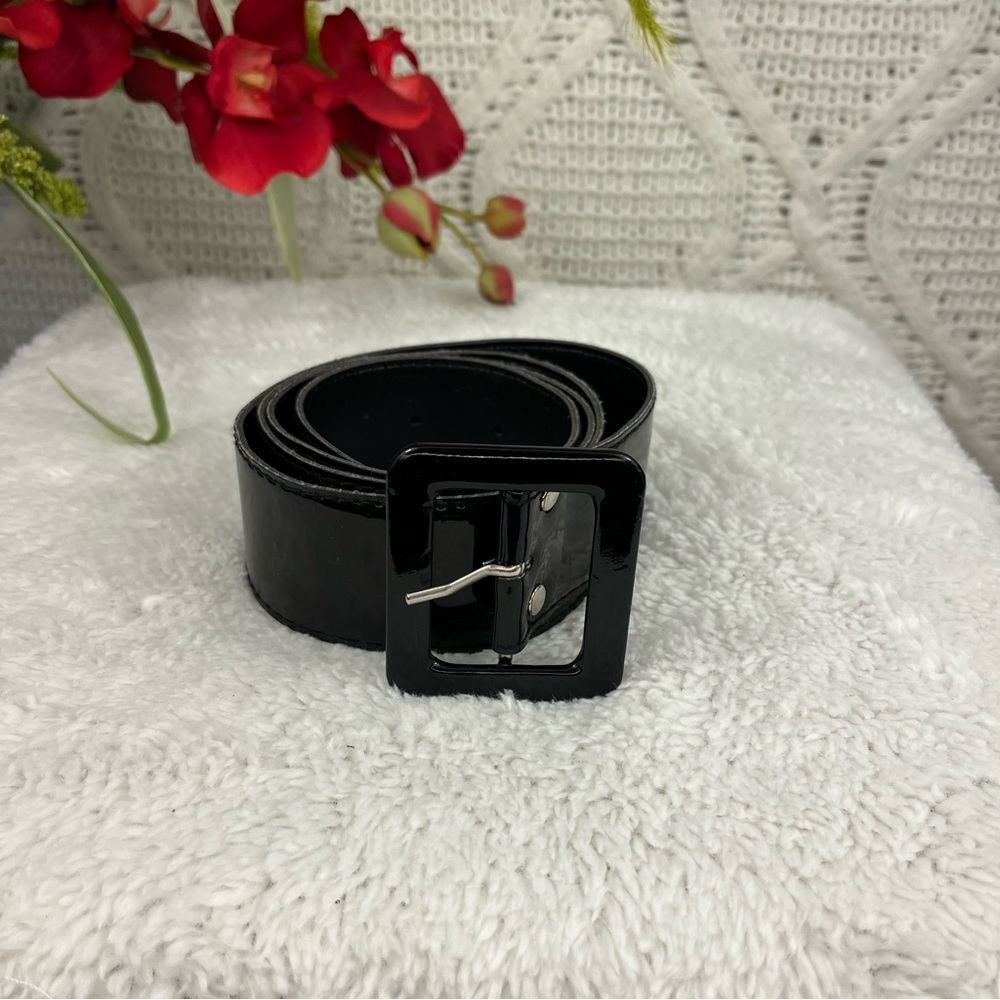Black Patent Faux Vegan Leather Square Buckle Belt